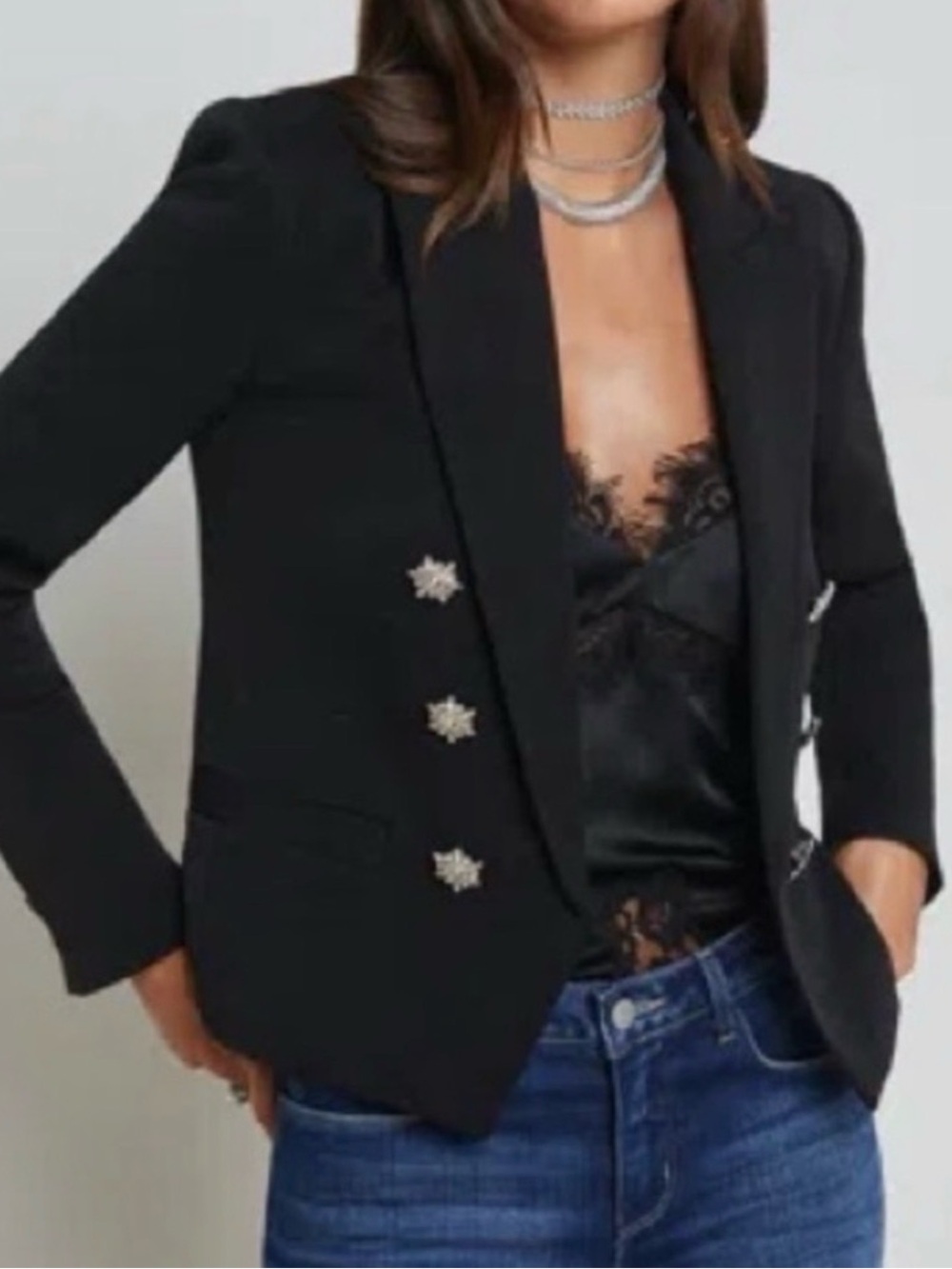 L'Agence Brooke Black Open Blazer with Crystal Buttons NWT - Picture 2 of 7